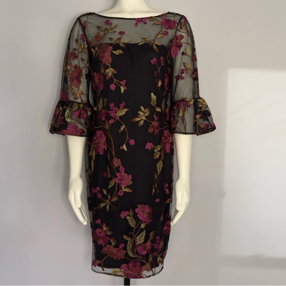 Adrianna Papell Black Magenta Floral Embroidered Sheath Dress 8 Wedding Guest